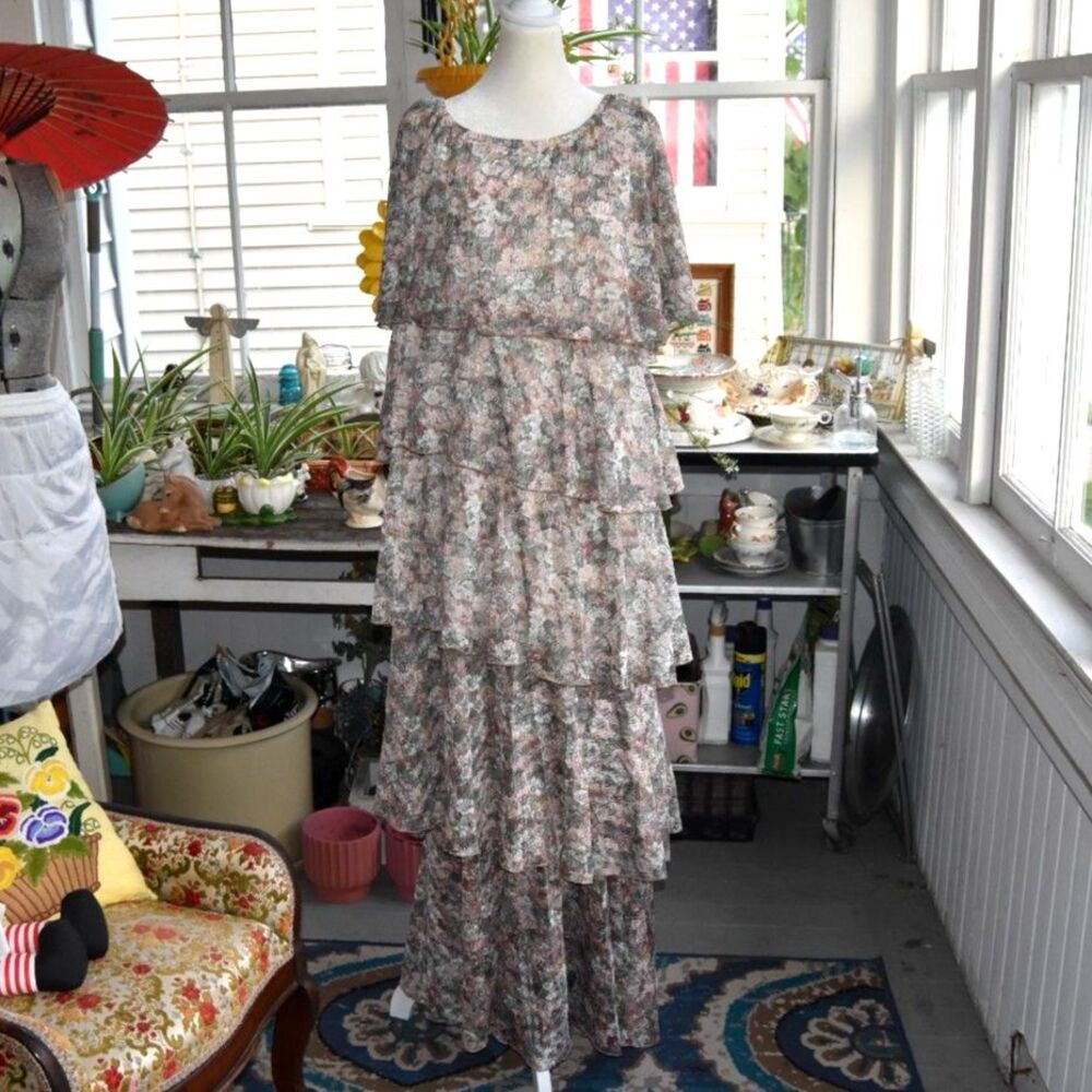Vintage 70s Floral Lace Tiered Maxi Dress 2 Piece Formal Set Size L